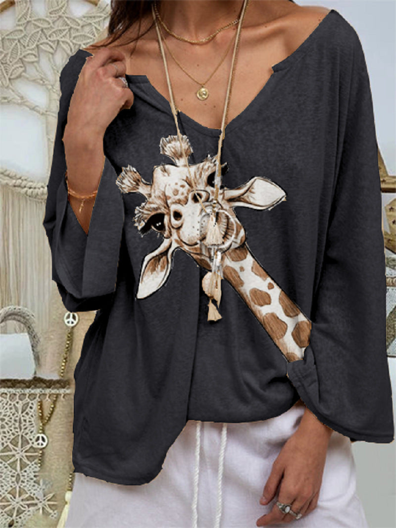 Loose V Neck Graphic Printed Blouse Top