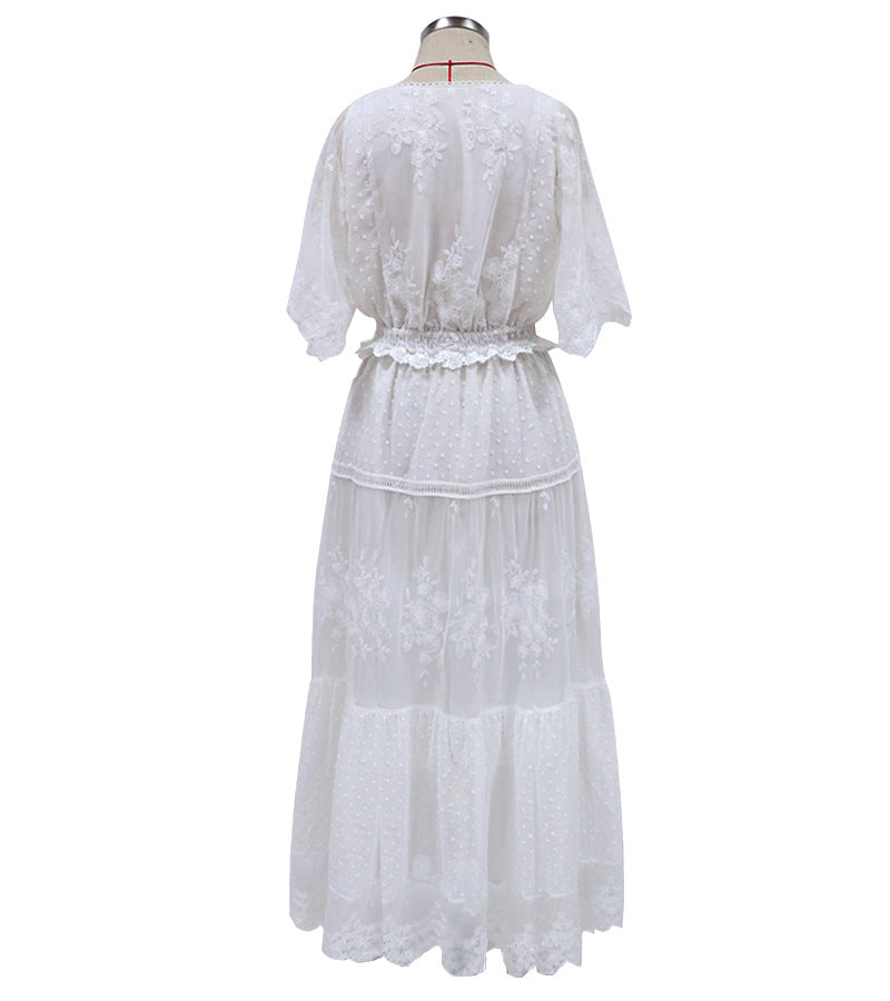 Chiffon Lace Short Sleeve Boho V Neck Maxi Dress – Landing Closet