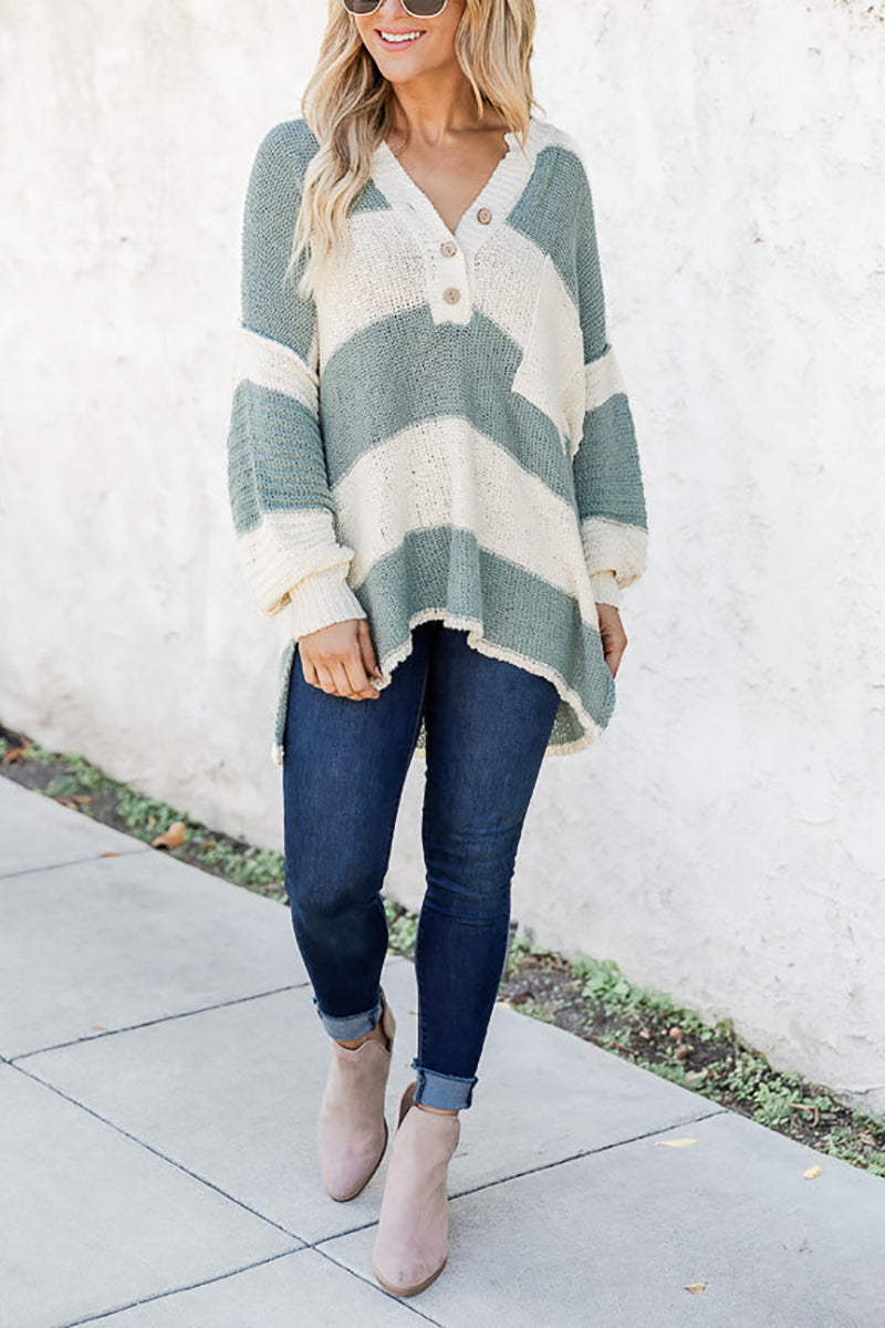 Oversized Striped Henley Sweater