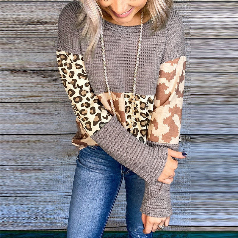 Casual Round Neck Leopard Block Blouse Top