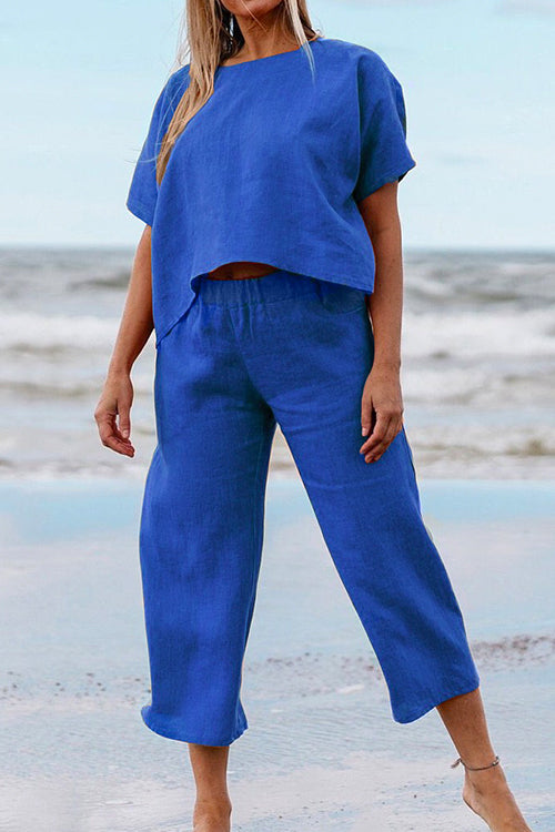 Solid Short Sleeve Pullover Top Elastic Waist Cropped Pants Set