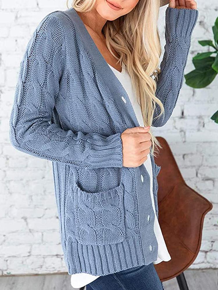 Loose Cable Button Solid Sweater Cardigan with Pockets