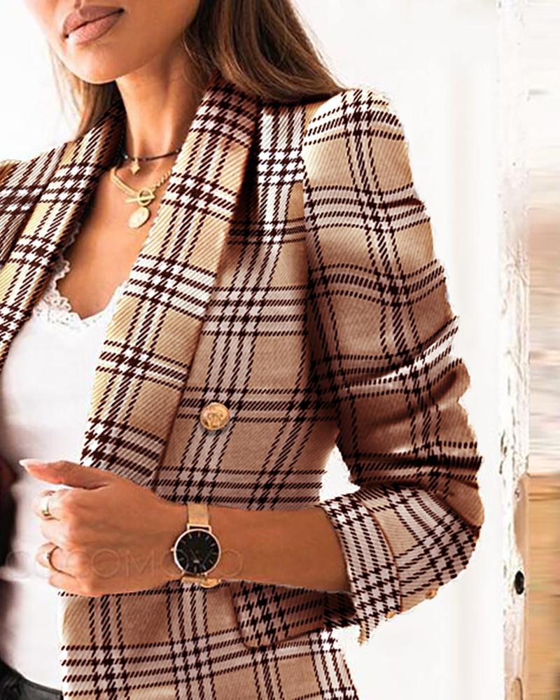 Notched Neck Plaid Double-breasted Blazer