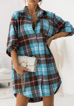 Button Down Fold Sleeves Plaid Flannel Blouse