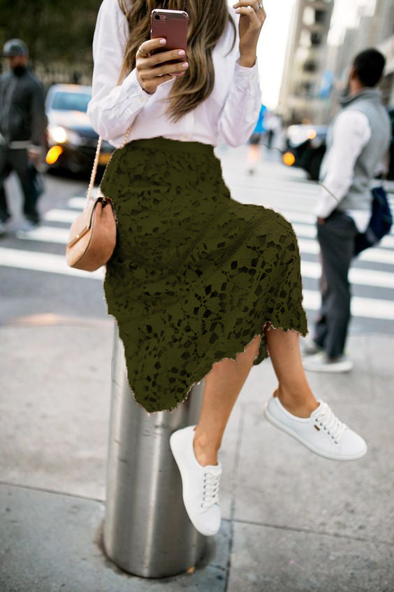 Elastic Waist Lace Midi Skirts