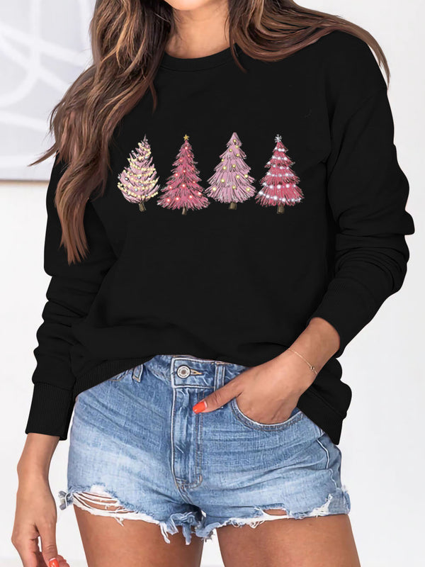 Crew Neck Long Sleeve Christmas Tree Print Loose Sweatshirt