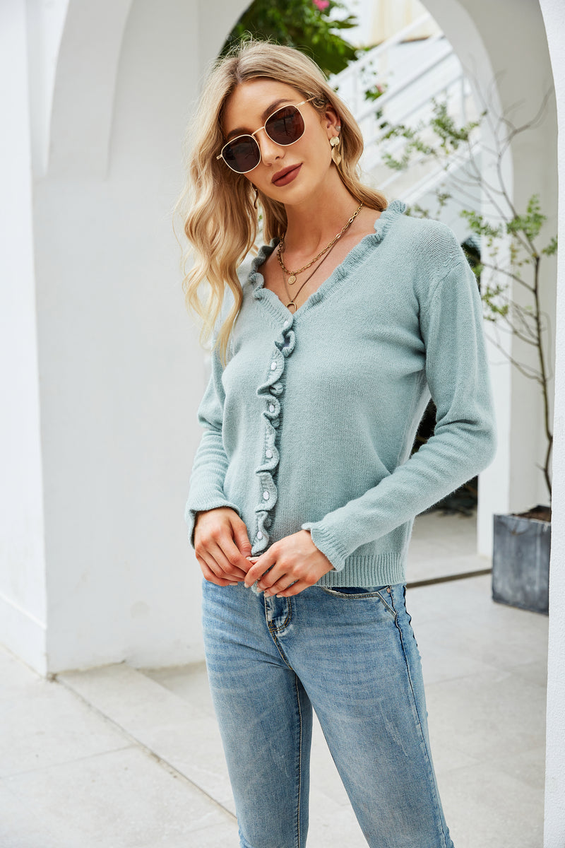 V Neck Long Sleeve Knitted Button Down Sweater
