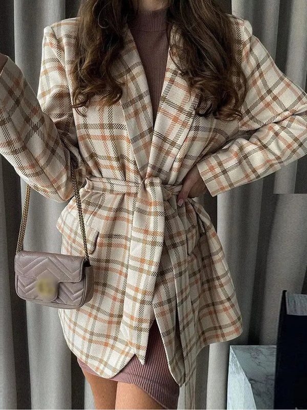 Lapel Collar Long Sleeve Plaid Belted Blazer Dress