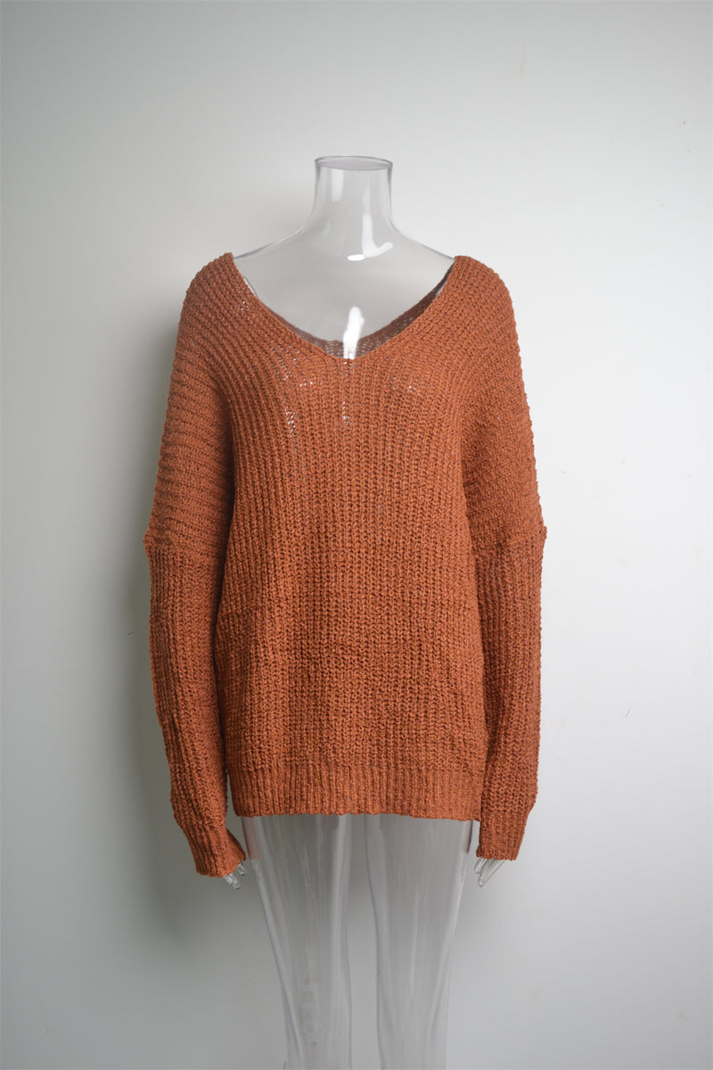 Solid Color V Neck Pullover Sweater