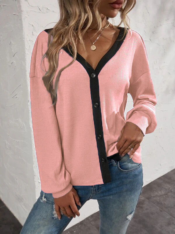 Fashion V-Neck Long Sleeve Button Sweater Top