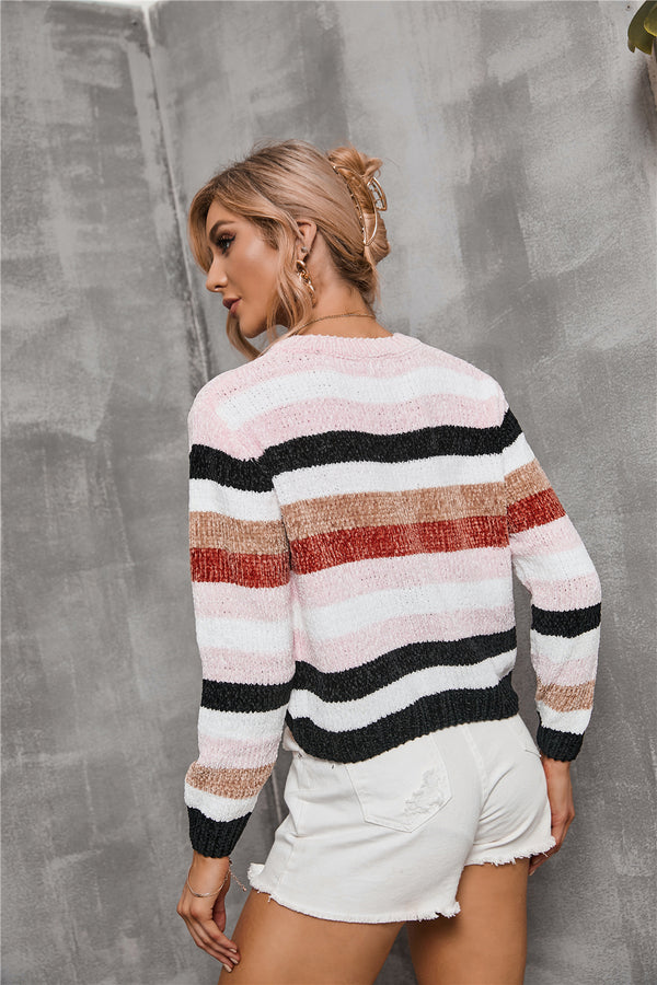 Crew Neck Long Sleeve Knit Color Block Sweater