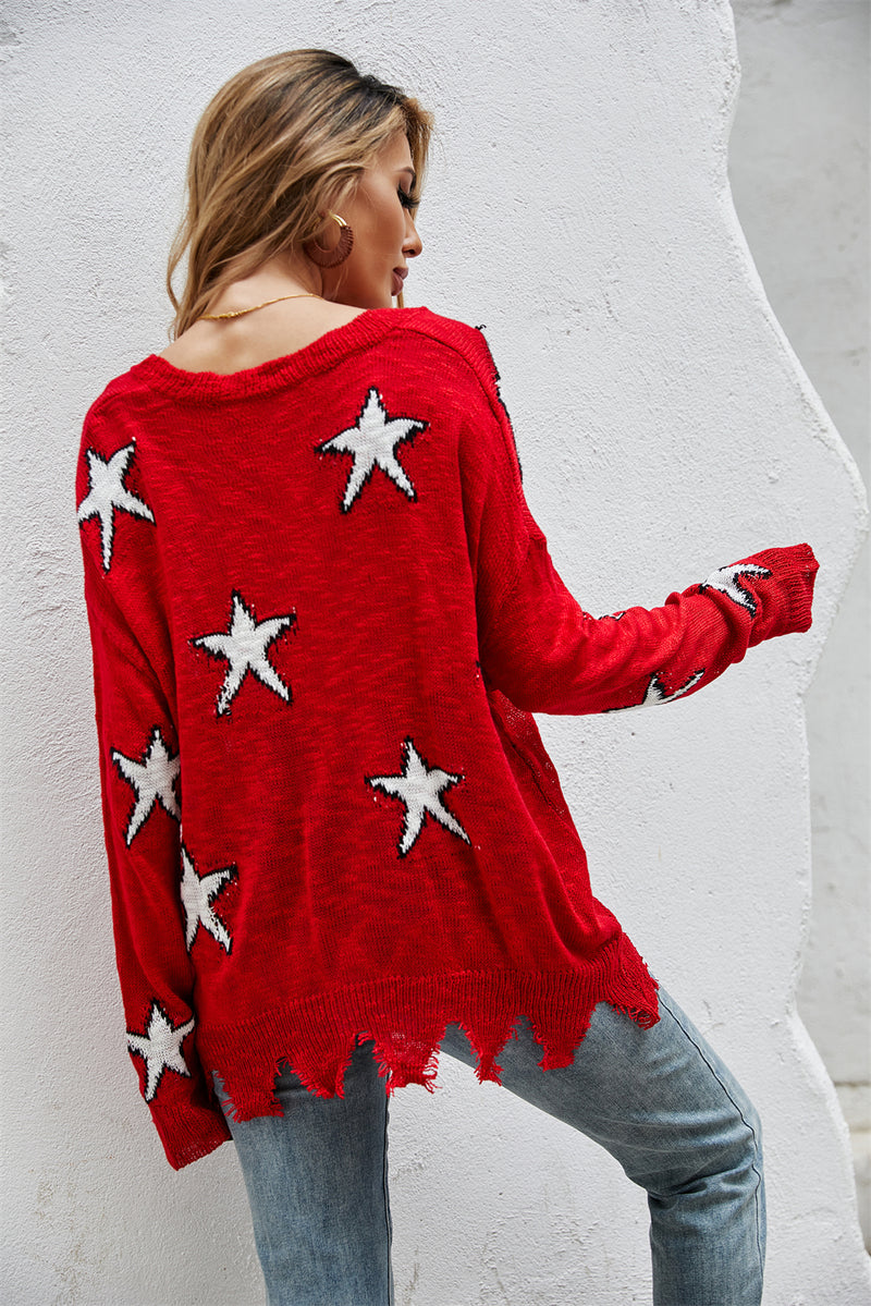 Casual V Neck Long Sleeve Star Print Sweater