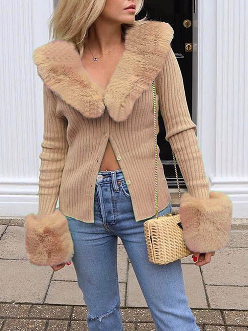 Fur Collar Crop Top Knit Button Down Sweater