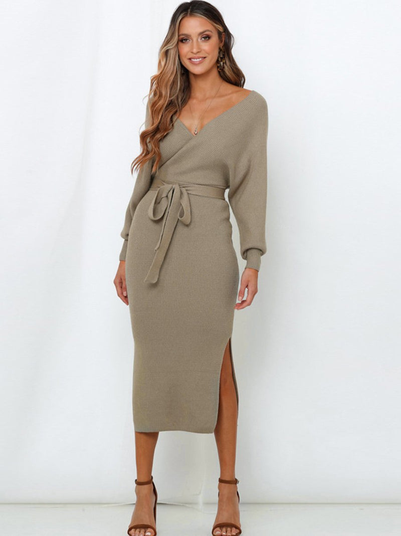 Sexy V Neck Mid-length Sweater Knitted Dress