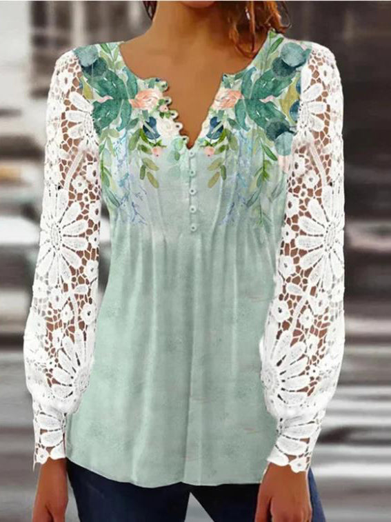 Elegant V-Neck Long Sleeve Lace Floral Print Loose Blouse