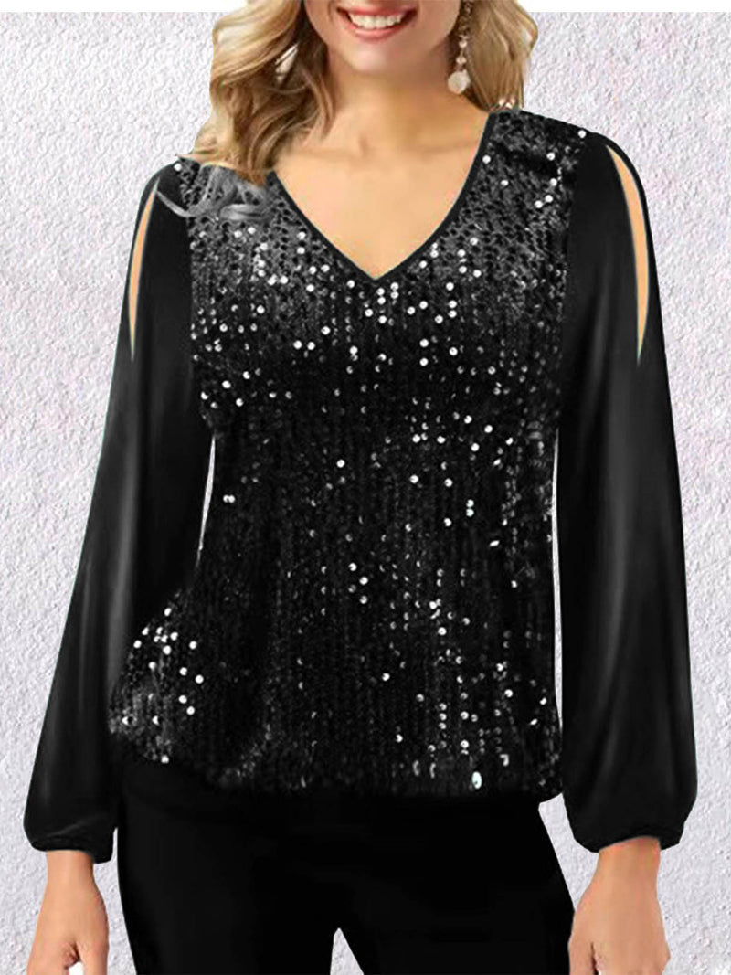 Casual V Neck Long Sleeve Sequins Blouse Top