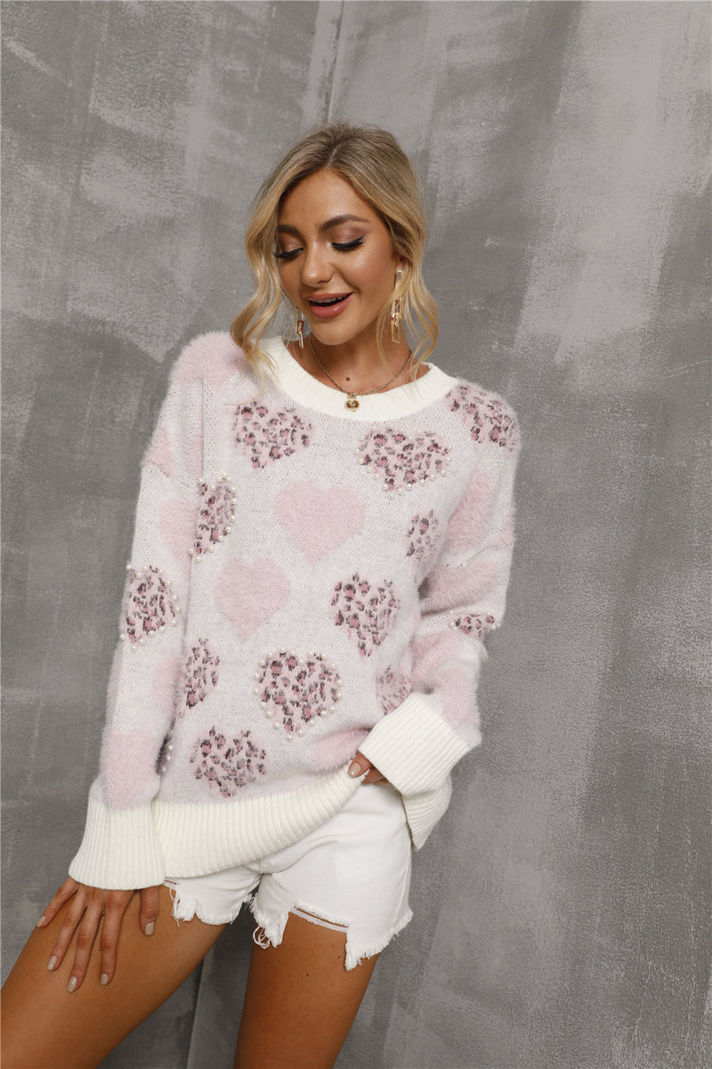 Crew Neck Heart Graphic Long Sleeve Sweater Top
