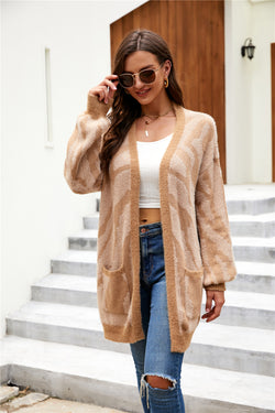 Open Front Long Sleeve Cardigan Top with Pockets