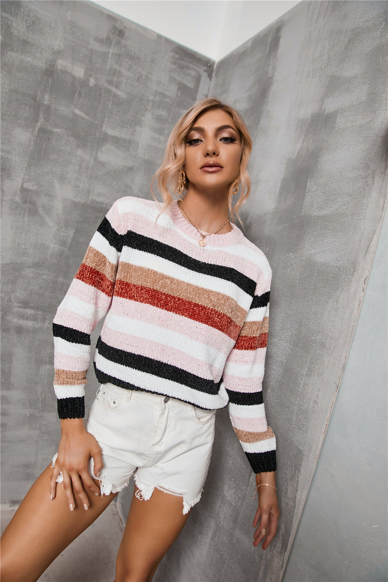 Crew Neck Long Sleeve Knit Color Block Sweater