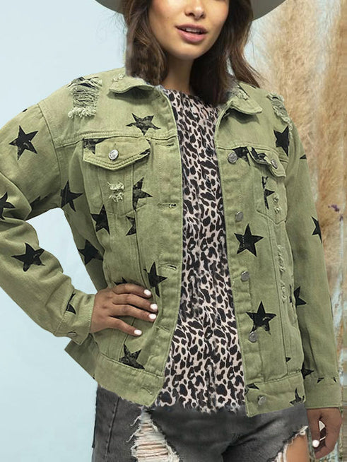 Button Bend Down Collar Star Printed Jacket