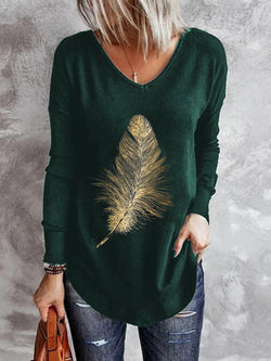 Casual Leaf Print V Neck Pullover Top