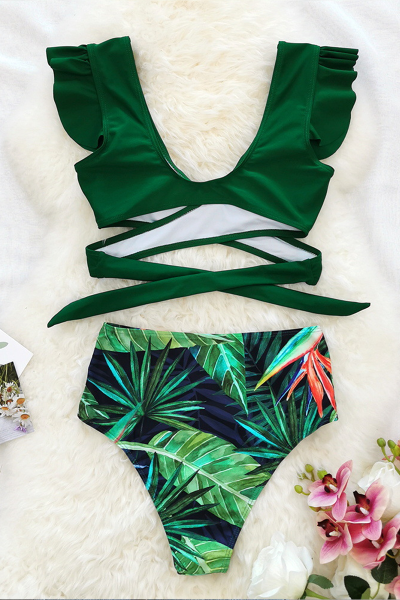 Ruffled High-waisted Lace-up Swimsuit