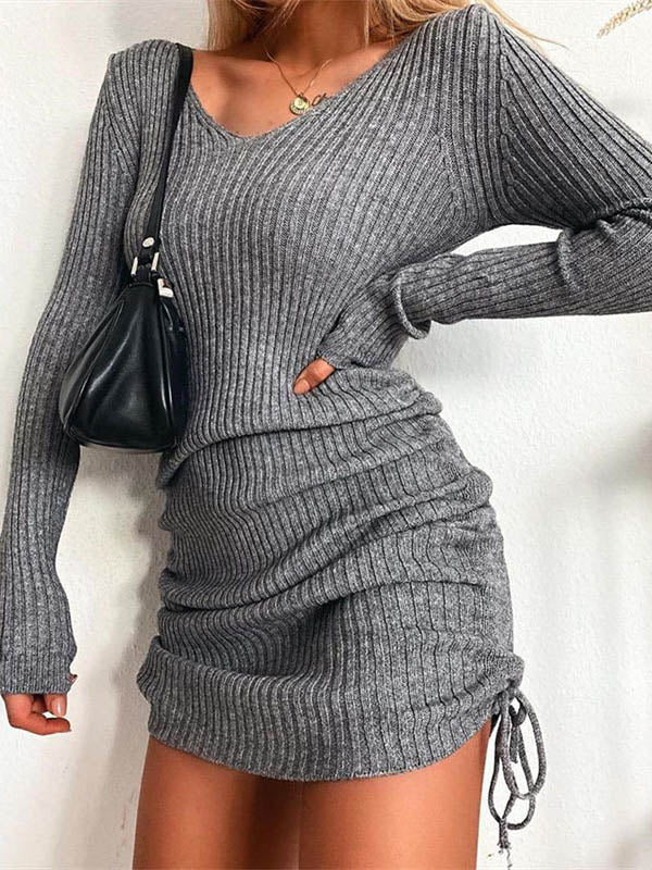 Long Sleeve V Neck Knit Mini Dress