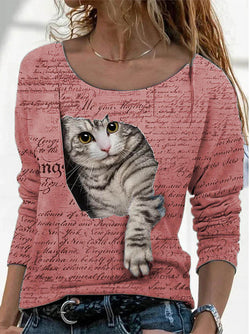 Long Sleeve Round Neck Cat Print Top