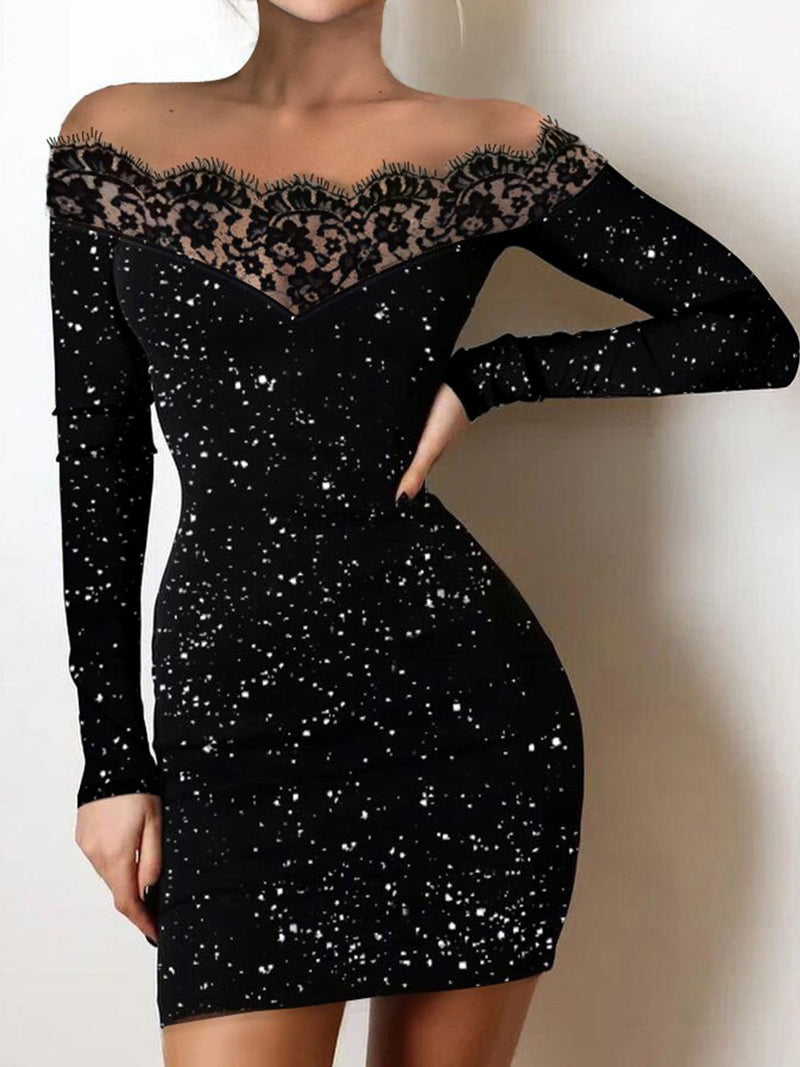 Off Shoulder Long Sleeve Bodycon Sequins Mini Dress