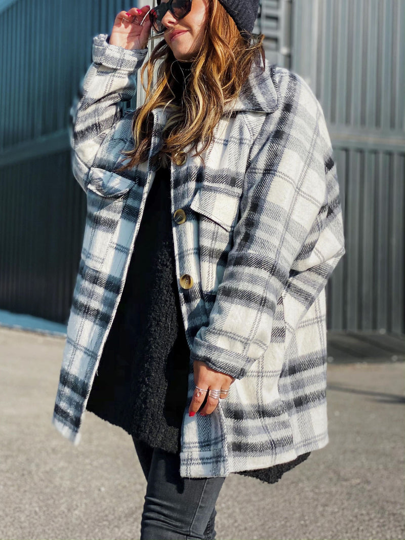 Plaid Long Sleeve Button Down Collar Shirt Coat with Pockets