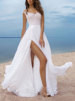 Sleeveless High Slit White Flared Maxi Wedding Gown