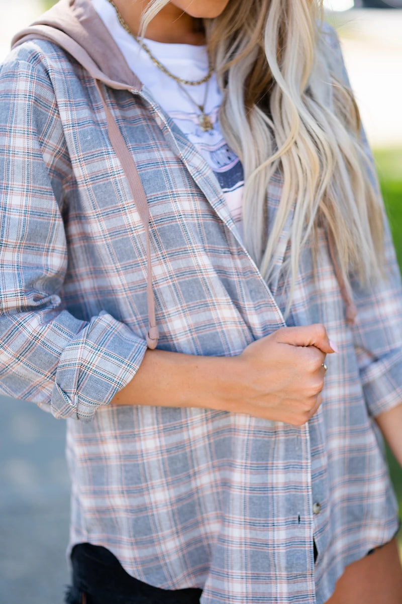 Long Sleeve Button Down Draw String Hoodie Top