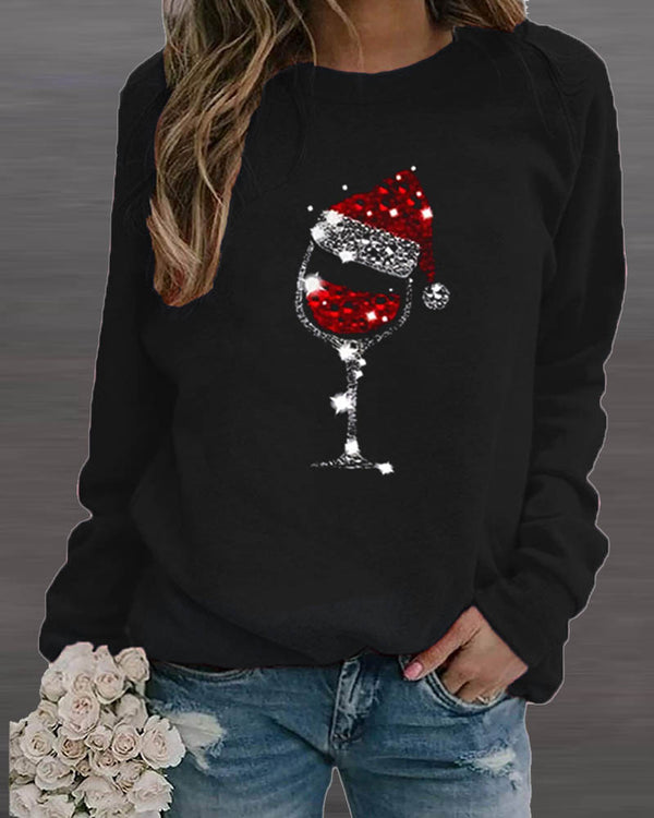 Round Neck Printed Christmas Wine Glass Sweatshirt