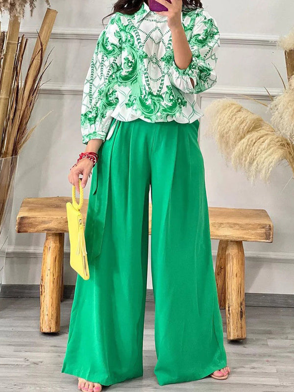 Two Piece Outfit Long Sleeve Print Blouse Top and Wide Pant Set