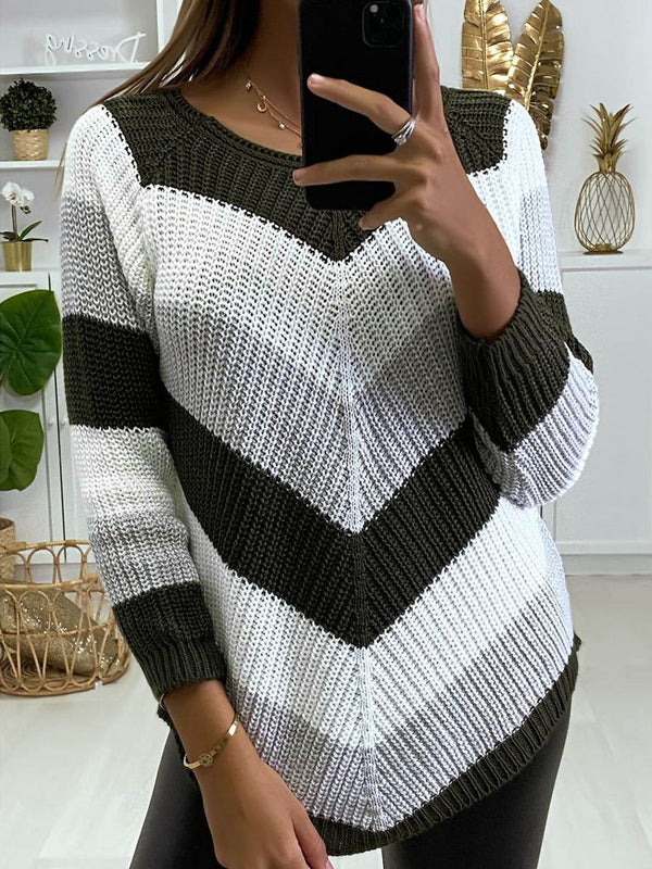 Round Neck Casual Knit Color Block Sweater