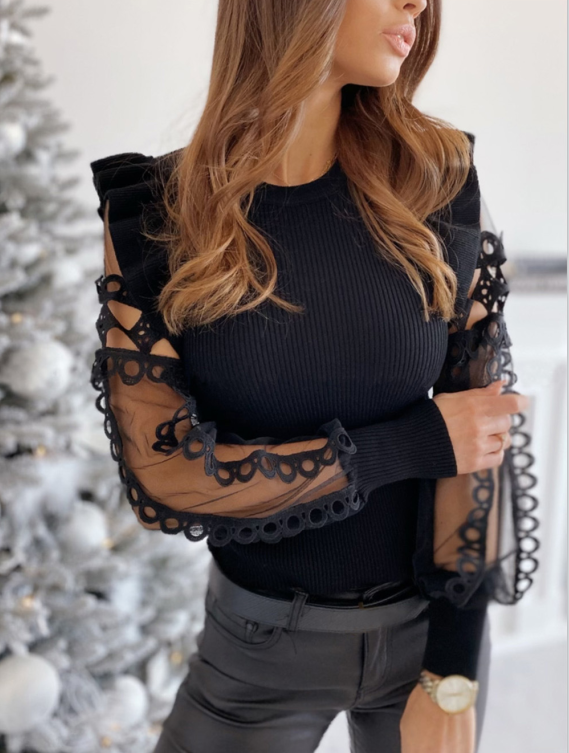 Lace Sleeve Round Neck Bodycon Top