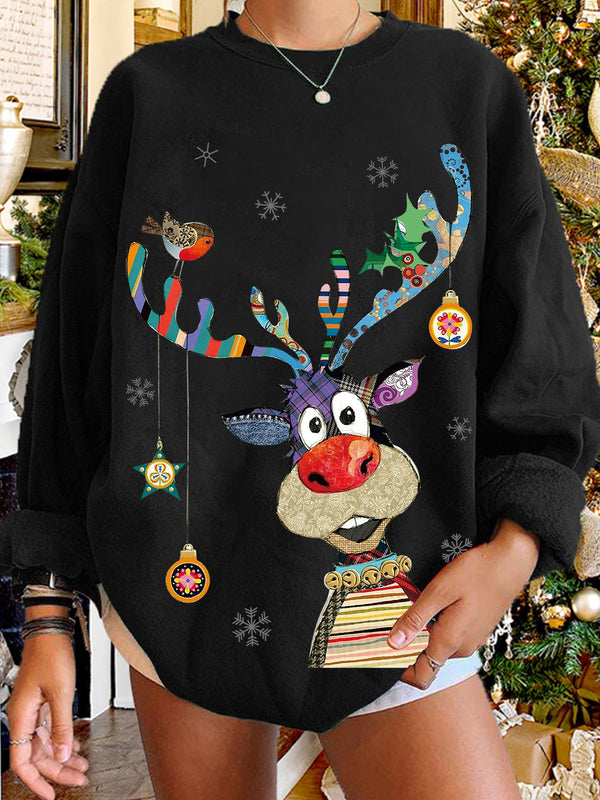 Christmas Ox Color Print Crew Neck Sweatshirt