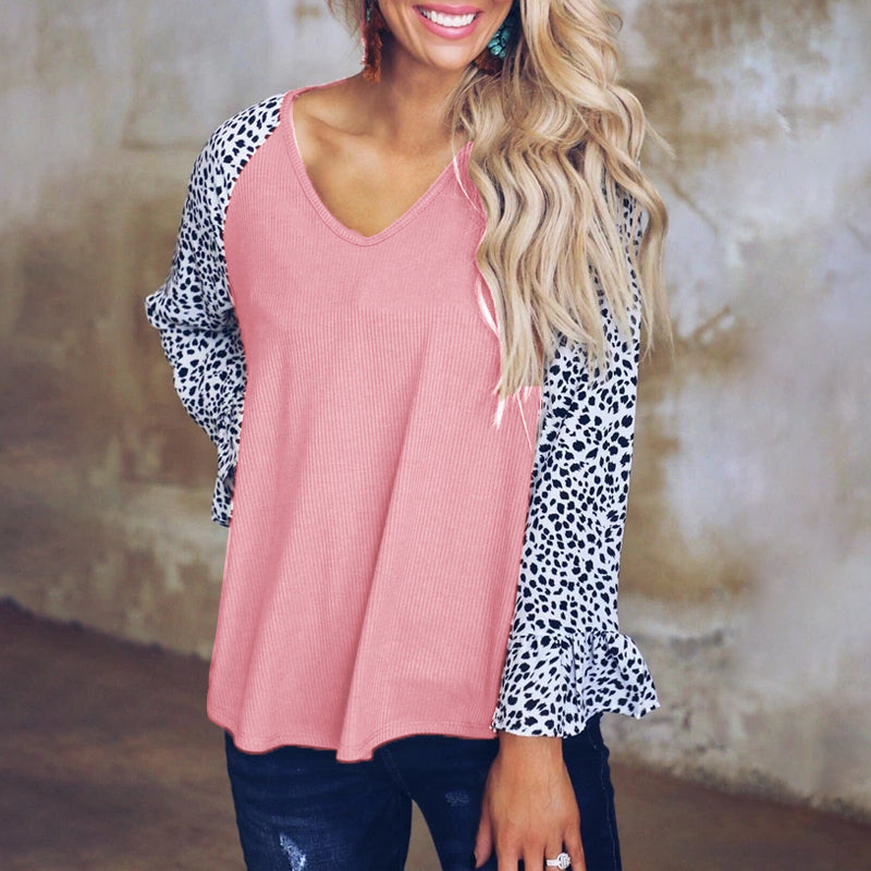 Casual Leopard Long Sleeve V Neck Top