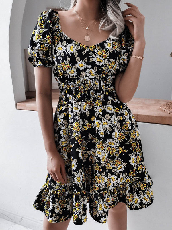 Floral Short Sleeve Elastic Waist Mini Dress