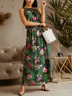 Halter Neck Drawstring Long Floral Maxi Dress