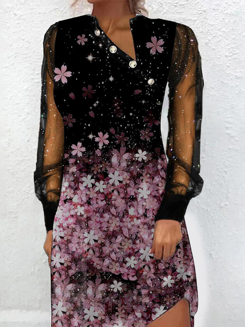 Elegant Mesh Long Sleeve Printed Midi Dress