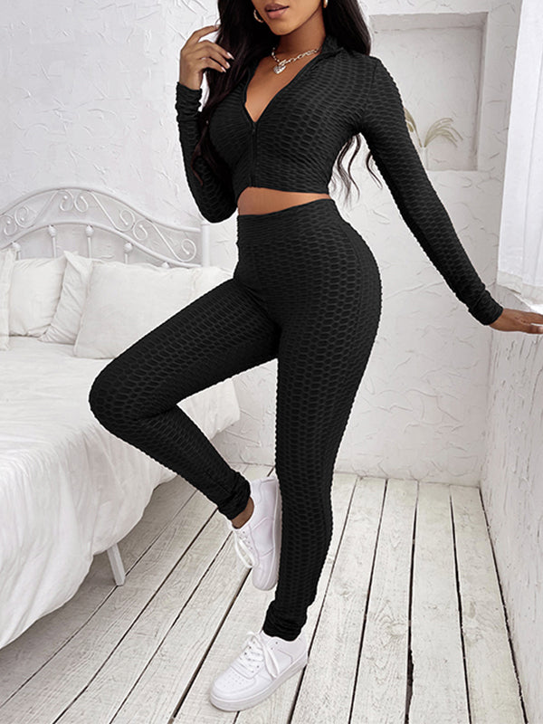 Long Sleeve V Neck Zip Up Top with Pants Set