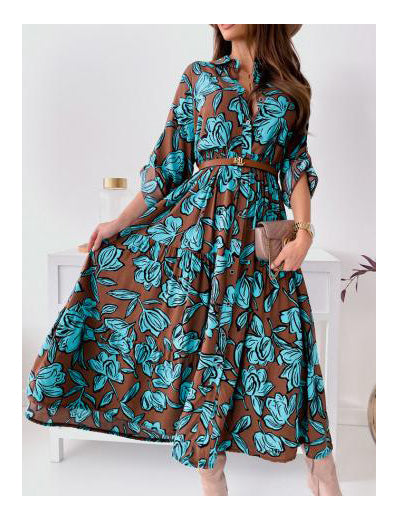 Button Up Floral Belted Maxi Dress
