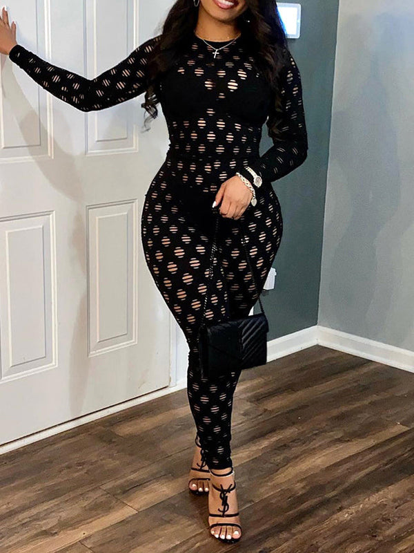 Sexy Bodycon Long Sleeve Mesh See Through Jumpsuit
