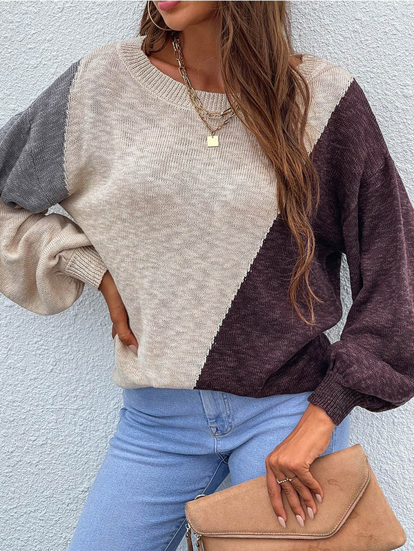 Round Neck Color Block Casual Sweater