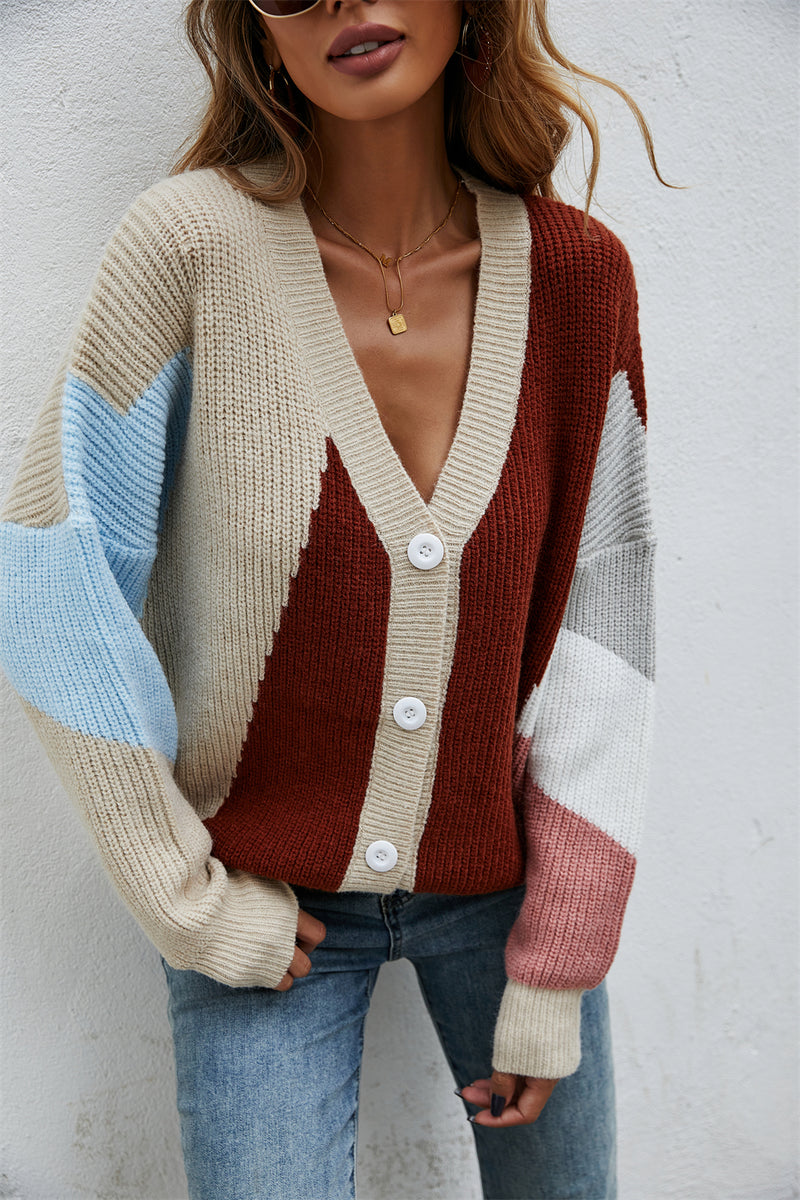 Button Down V Neck Knitted Multicolor Sweater Top