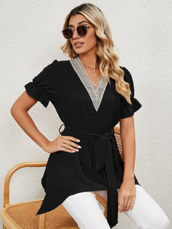 V-Neck Short Ruffle Sleeve Belted Solid Blouse