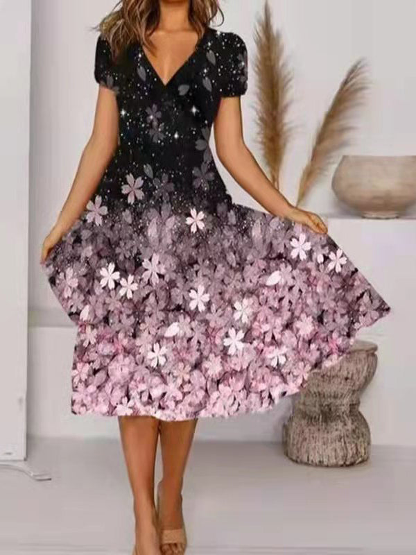 Elegant V-Neck Short Sleeve Floral Print Flared Midi Dress