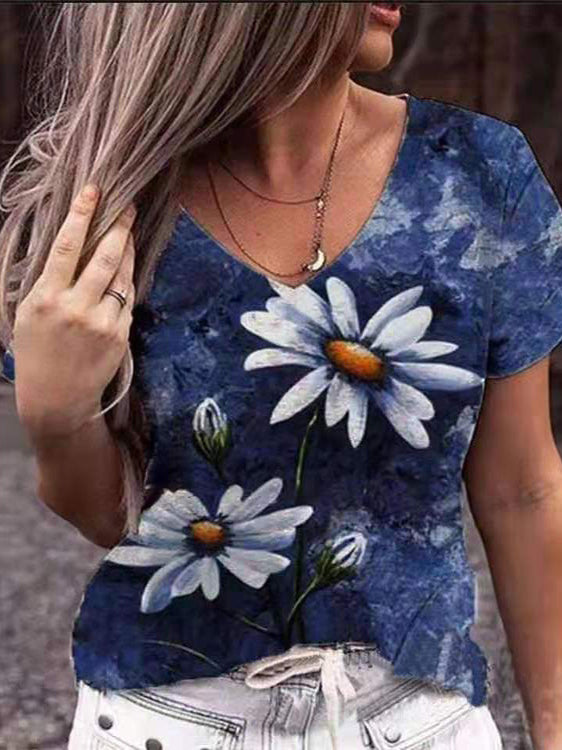 Floral Short Sleeve V Neck T Shirt Top