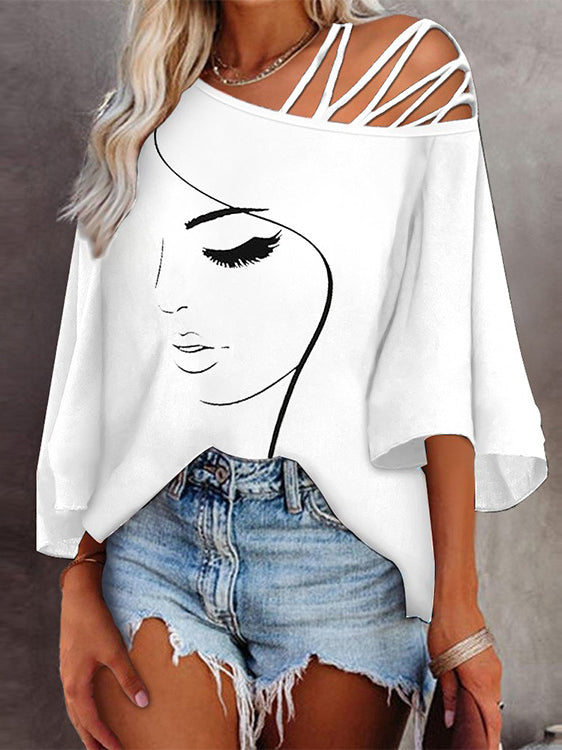 Face Print One Shoulder Wide Sleeve Loose Blouse Top